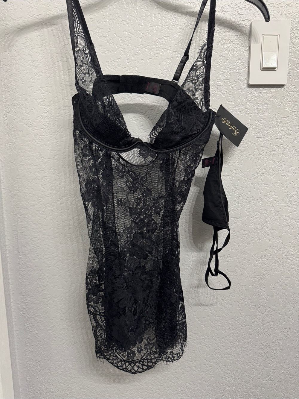 Frederick's of Hollywood Black Sheer Lace Underwire Chemise with Matching Thong